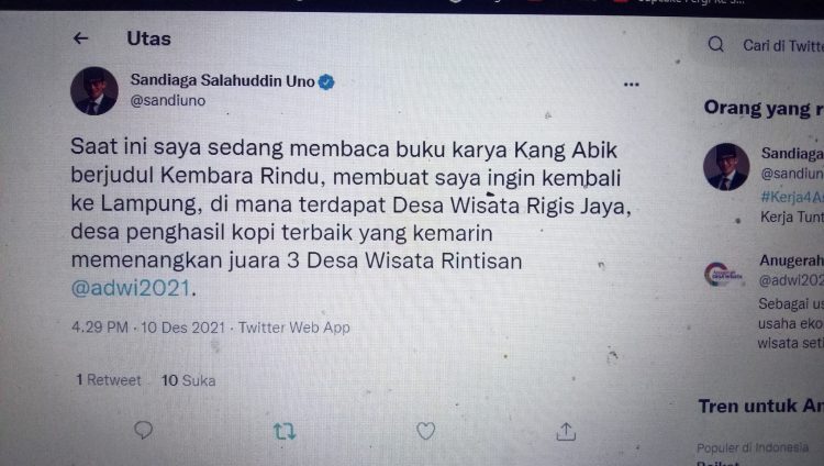 Mentri Sandi Uno Rindu Kampung Kopi Rigis Jaya Lambar